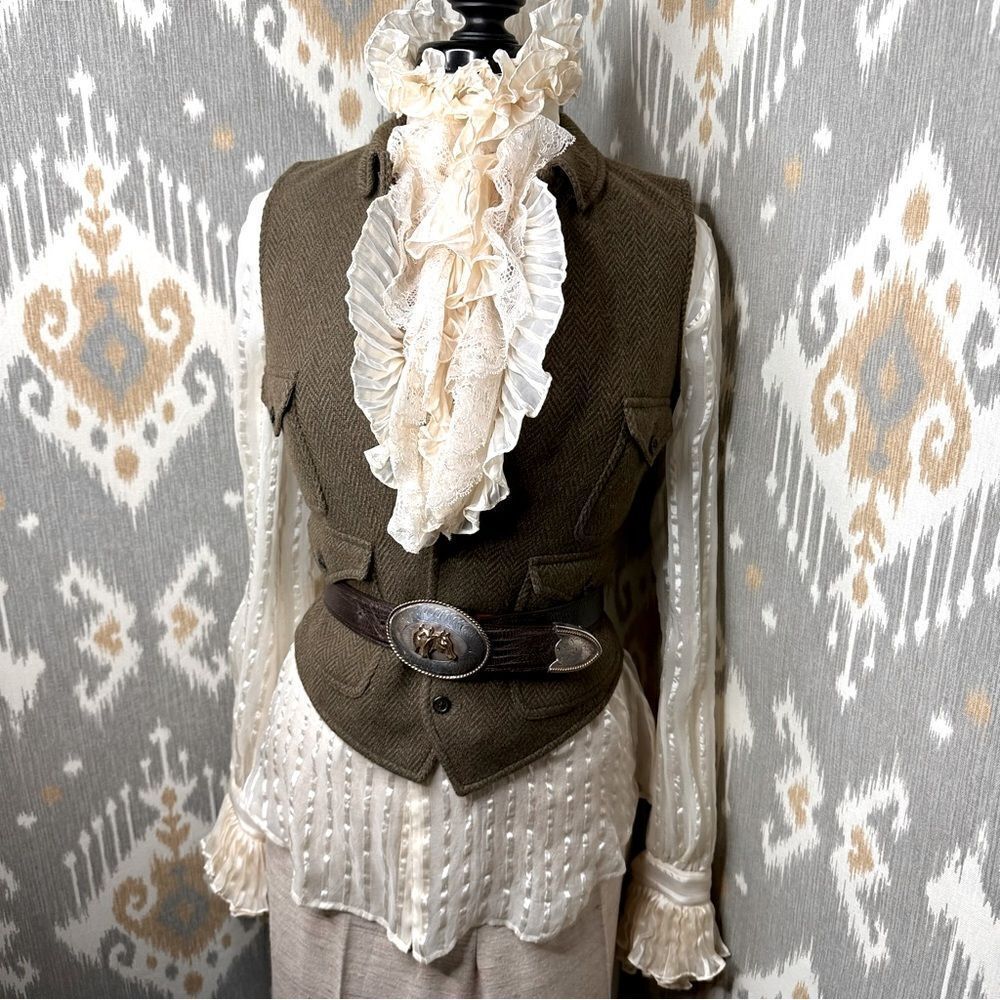 Ralph Lauren Olive Herringbone and Leather Gilet Waistcoat Vest